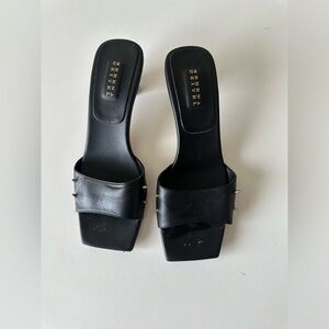 Serena Uziyel Black Leather Gold Kitten Heel Sandal Mule Slide